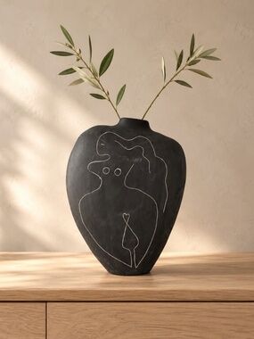 Anthropologie Shero Modern Vase Black Female Woman Line Drawing